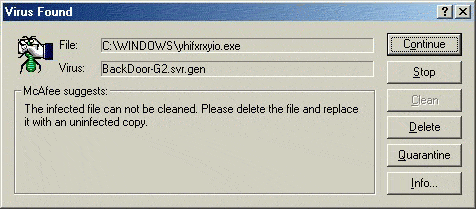 Virus alert message for BackDoor trojan
